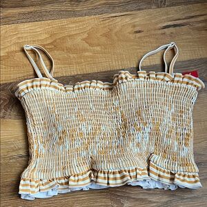 Kortni Jeane Yellow & White Striped Smocked Bikini Top